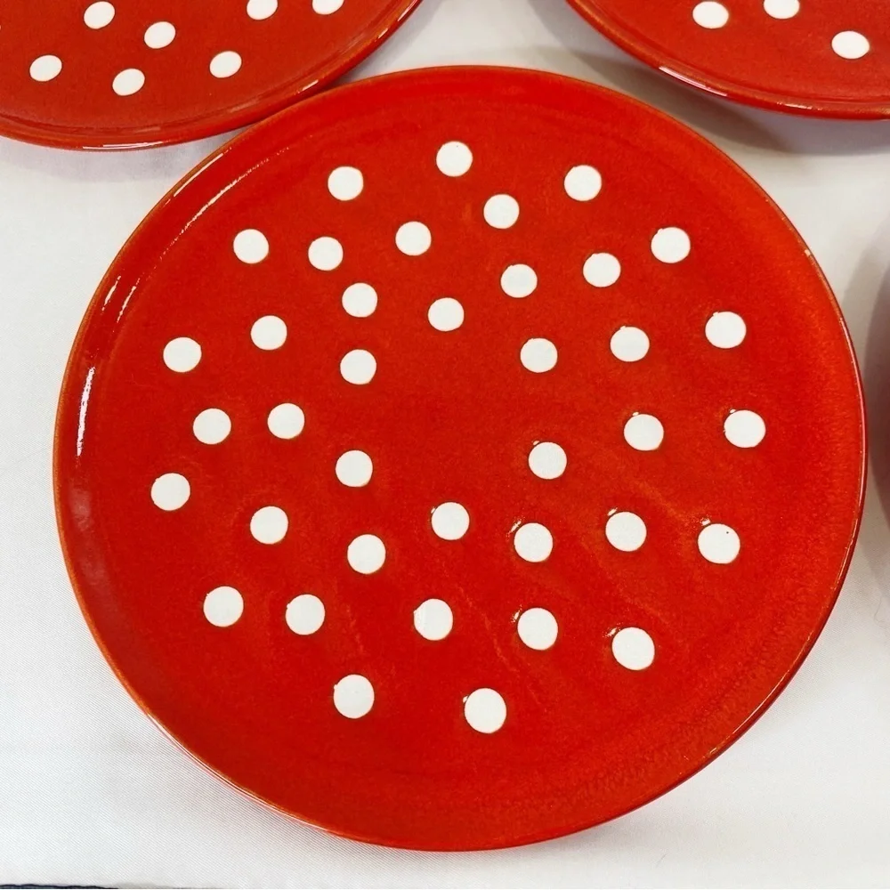 4 Waechtersbach 7 5/8” Salad Plates Vintage W Germany Polka Dots Red White HTF